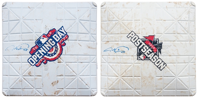Lot of (2) 2015 Jacob deGrom Game Used & Signed New York Mets Bases For Opening Day & NLDS Game 1 (MLB Authenticated, Steiner & JSA)